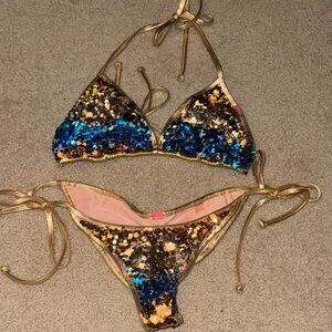 Sequin Bikini Set in Blue and Gold